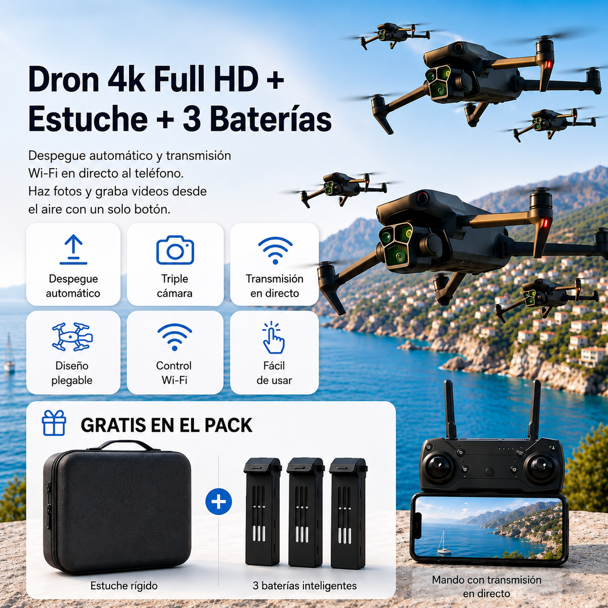 Dron 4k Full HD + Estuche + 3 Baterías GRATIS